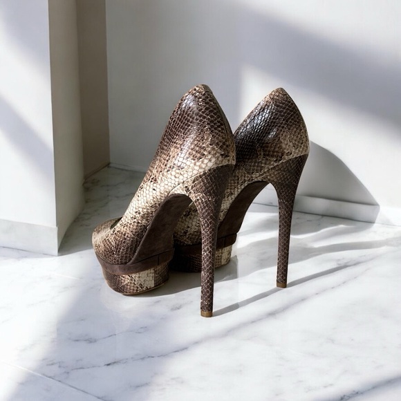 Brian Atwood Brown and Crème Snakeskin Peep-Toe Platform High Heels sz 11 - Picture 3 of 10